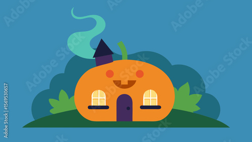 A Jack O Lantern House with a Smiling Face and Smoke Coming from its Chimney