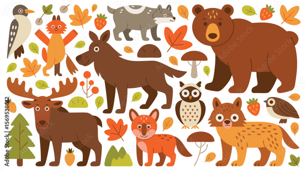 Fototapeta premium Cute Cartoon Forest Animals and Autumn Leaves Bear, Wolf, Fox, Moose and Birds Illustration