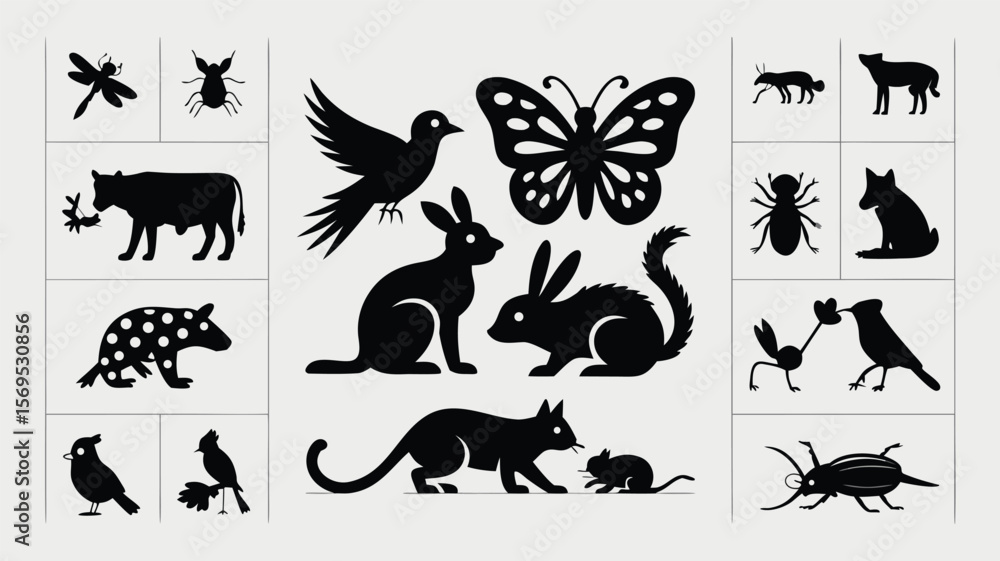 Naklejka premium Black Silhouette Collage Animals, Insects, Butterfly, Birds, Rabbit, Cat, Beetle, Dragonfly, Cow, and Spotted Mammal
