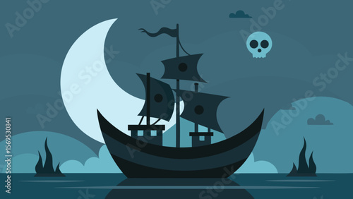 A Haunted Pirate Ship with Tattered Sails is Crewed by Ghostly Skeletons at Sea