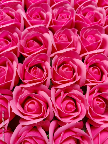 Handmade Pink Rose soap. Luxurious crafted floral designs for bath experience. Full frame. View from above. Close-up.