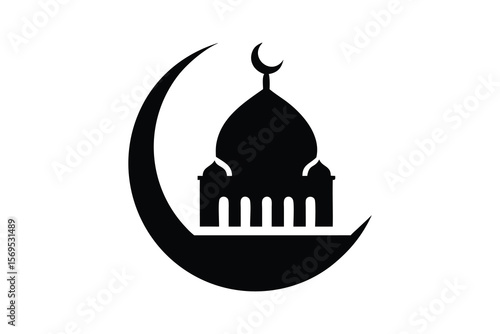 Islamic crescent moon cradling a silhouette of a mosque with a dome and minaret symbolizing faith culture and religious architecture in a clean graphic design