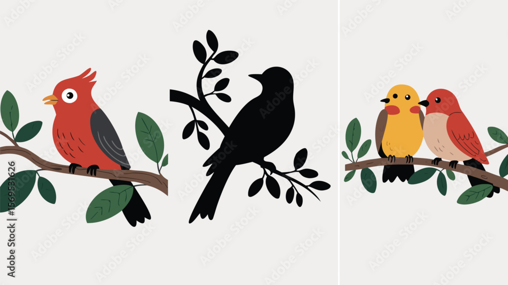Obraz premium Cute Cartoon Birds on Branches Illustration Red, Yellow, Black Silhouettes, Leafy Background