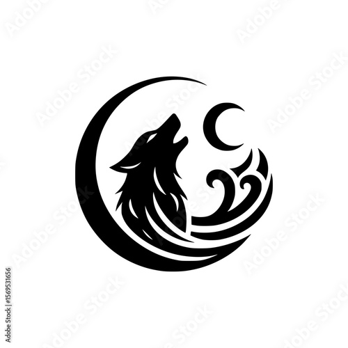 Howling wolf moon logo design with waves