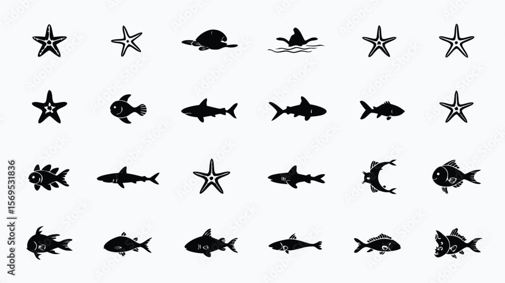 Fototapeta premium Black Silhouette Illustration of Underwater Sea Life with Starfish, Sharks, Fish, Turtle