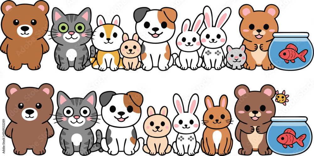 Fototapeta premium Cute Cartoon Animals Illustration Bears, Cats, Dogs, Rabbits, Mice and Goldfish in Aquariums