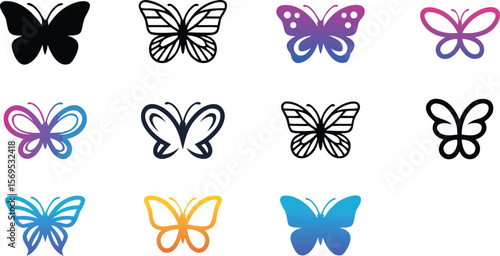 Assortment of Butterfly Designs Black Silhouette, Detailed Line Art, and Gradient Color Fills on White Background