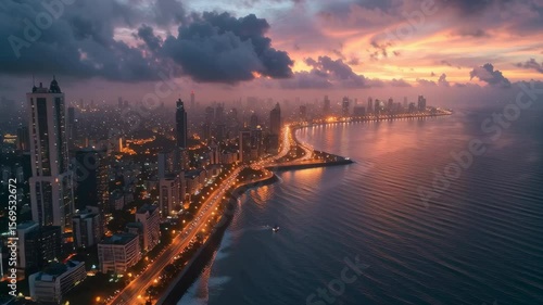 drone shot of Mumbai’s Marine Drive at twilight with city lights reflecting in the Arabian Sea