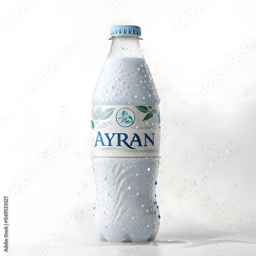 Photo of a cold bottle of ayran drink with condensation droplets isolated on white background