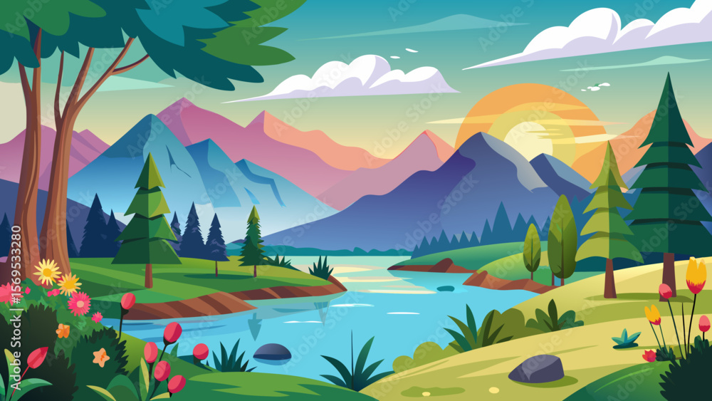 Obraz premium summer landscape with lake and mountains