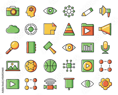 Comprehensive collection of creative symbols for generating digital media content including visuals audio and artistic outputs presented in a modern graphic style