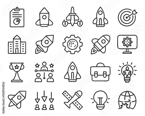 Clean and modern collection of simple line graphics representing business growth new ventures and entrepreneurial endeavors with essential startup elements