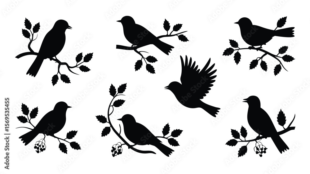 Fototapeta premium Bird Silhouettes on Branches Set of Six Illustrations for Design and Decoration