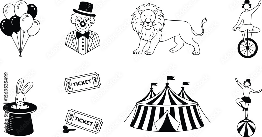 Naklejka premium Black and White Circus Illustration with Lion, Clown, Tent, Balloons, Acrobat, and Magic Rabbit