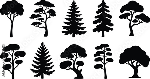 Assorted Black Tree Silhouettes Deciduous, Evergreen, and Shaped Trees on a White Background