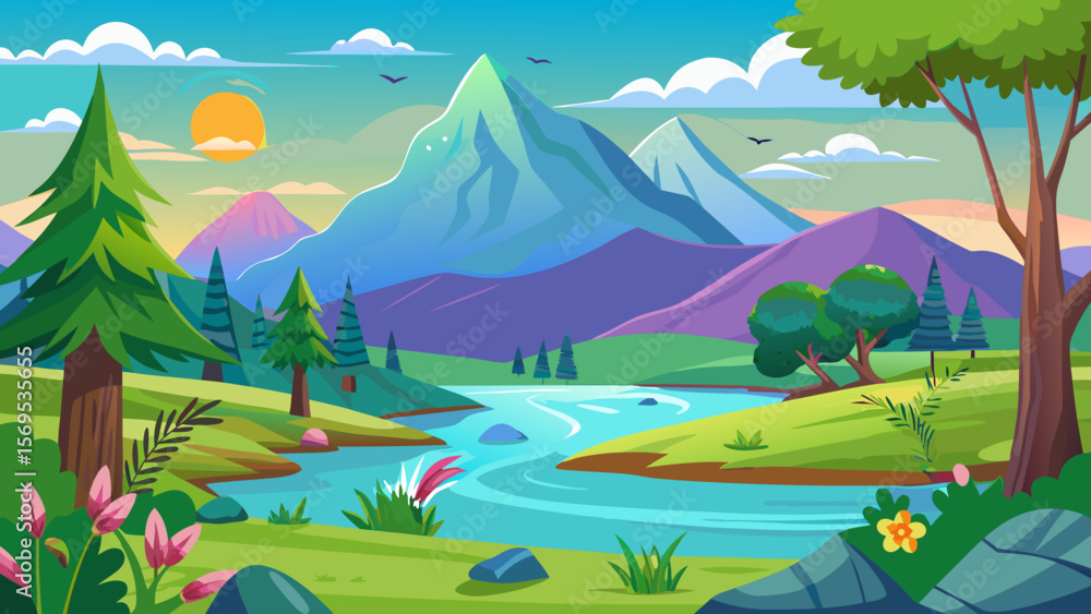 Fototapeta premium Vibrant cartoon landscape with a winding river and majestic mountains at sunrise