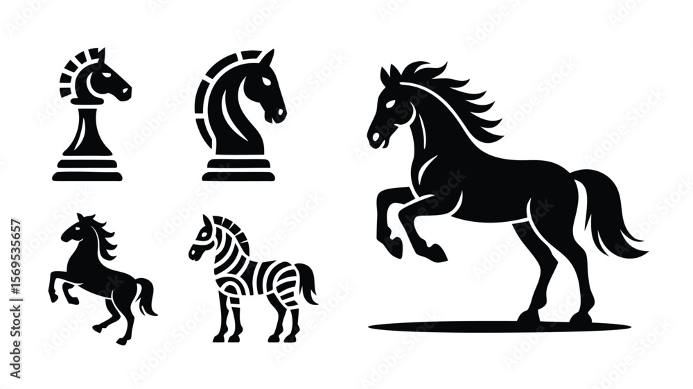Obraz premium Black and White Illustration Featuring Chess Piece, Elegant Horses, and Zebra on White Background