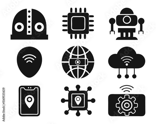 Comprehensive collection of futuristic technology symbols including 5g connectivity artificial intelligence robotic automation and the internet of things for digital presentations and applications
