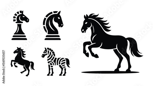 Black and White Illustration Featuring Chess Piece, Elegant Horses, and Zebra on White Background