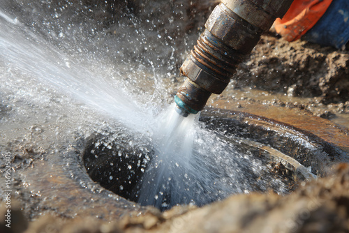 A cut main sewer line being hydro jetted for cleaning