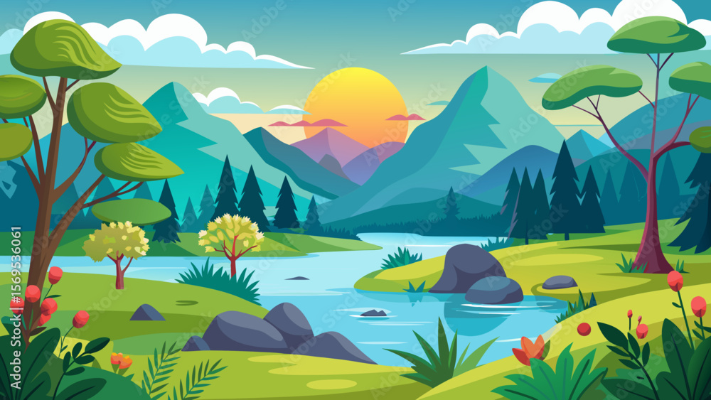 Obraz premium Vibrant cartoon landscape with a river mountains and a setting sun
