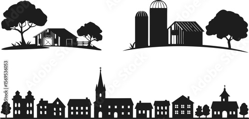 Black Silhouettes of Rural Farmland with Barns, Silos, and Town with Church. Vector
