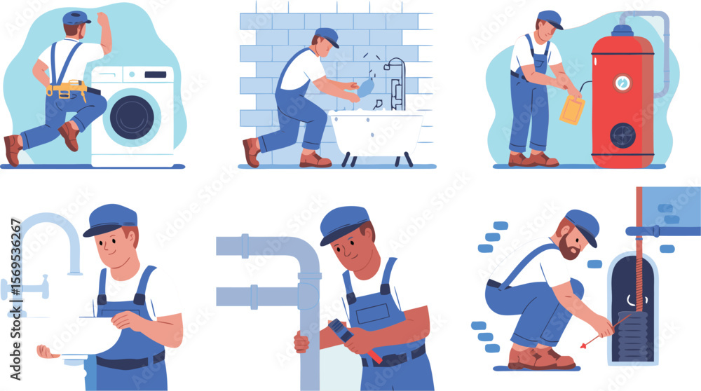 Obraz premium Cartoon Illustrations of Plumbers Repairing Washing Machine, Bathtub, Pipes, and Other Plumbing Systems