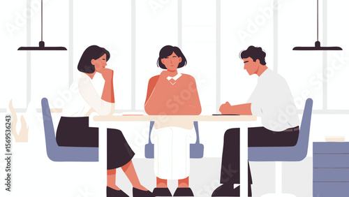 Three people are sitting around a table in a bright room with large windows and hanging lights above them