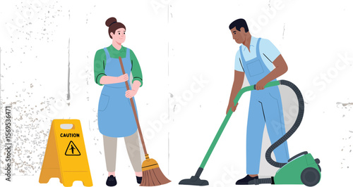 Cleaning Crew Illustration Woman with Broom and Wet Floor Sign, Man with Vacuum