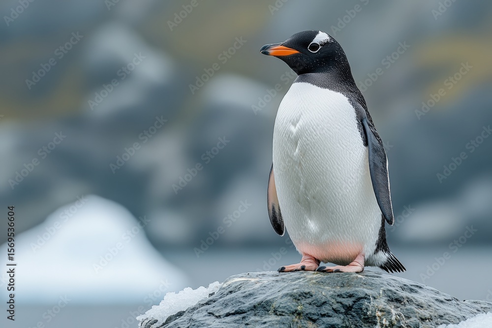 Fototapeta premium Penguin standing proudly on icy cliff with copy space. 