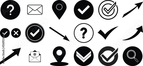 Icons with check marks question signs arrows mail envelopes location pins and magnifying glass symbols