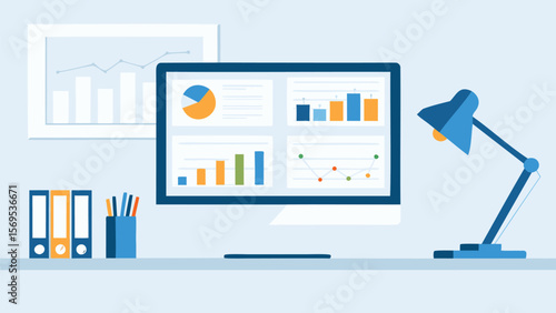 Illustration of a desk with a computer displaying charts and graphs with office supplies around it