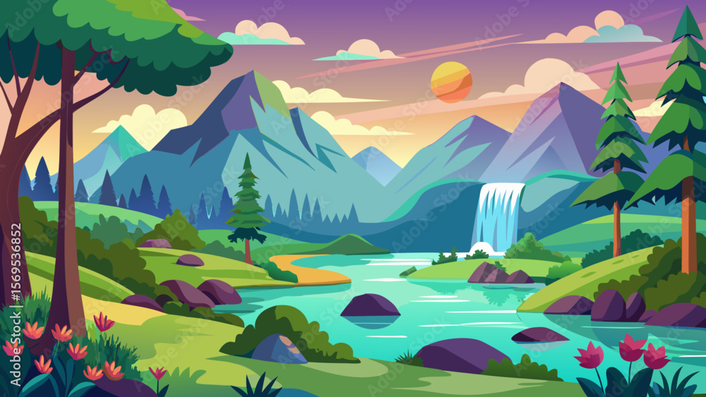 Fototapeta premium Vibrant cartoon landscape with a waterfall mountains and a serene lake at sunset