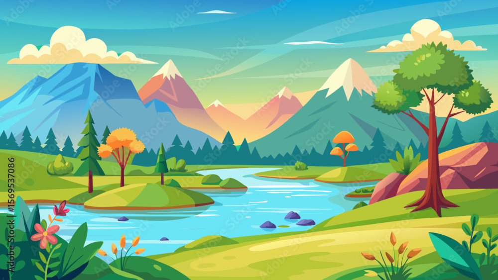 Obraz premium Vibrant cartoon landscape with snow capped mountains and a winding river
