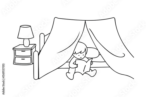 Cartoon child reading a book inside a bed fort next to a nightstand with a lamp vector
