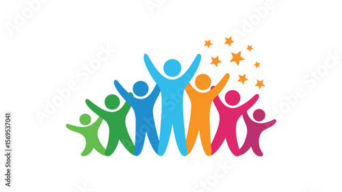 Colorful People Silhouettes Rejoicing Together with Arms Raised and Stars on a White Background