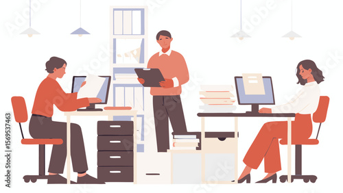 Illustration of three office workers in a brightly lit office space with desks and file cabinets present