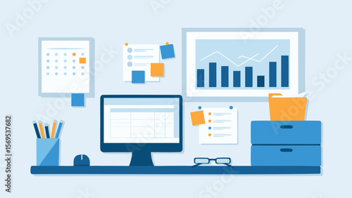Illustration of a workspace with a computer, calendar, and charts on a light blue background