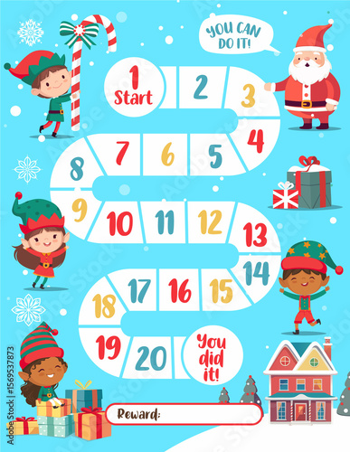 A fun and colorful Christmas countdown game board, perfect for kids. Featuring Santa Claus, elves, and festive elements, it leads to a much-anticipated reward. An excellent visual aid for parents look
