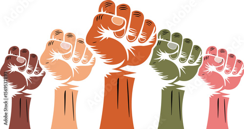 Diverse Fists Raised in Solidarity and Protest, Illustrating Unity and Empowerment on White Background