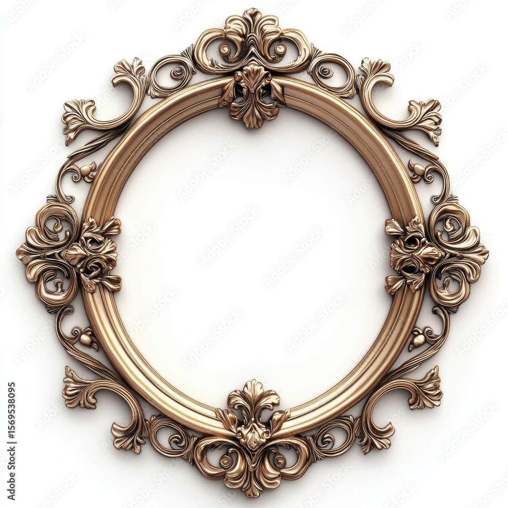 A gold framed oval with a floral design. The frame is ornate and the design is intricate A gold framed oval with a floral design. The frame is ornate and the design is intricate