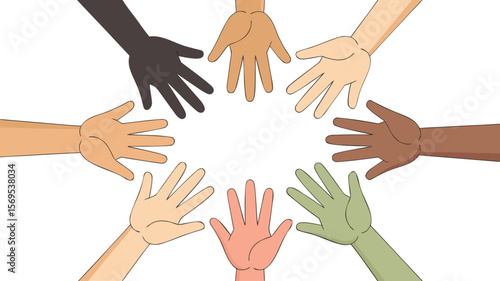 Diverse Hands Circle Illustration Unity, Cooperation, Multiculturalism, and Togetherness on a White Background