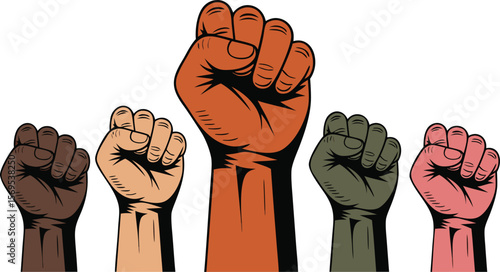 Diverse Raised Fists Illustration Symbolizing Unity, Strength, and Social Justice on a White Background