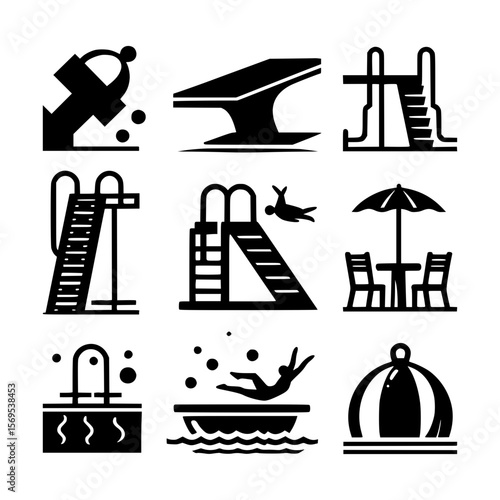 Collection of swimming pool icons representing activities and amenities