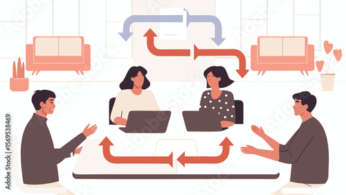 Illustration of a team meeting with two women and two men exchanging ideas and information flow diagram