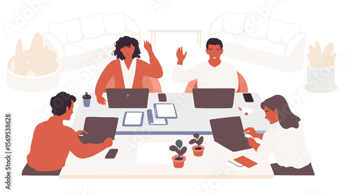 People working together at a table with laptops and tablets in a bright and modern office space