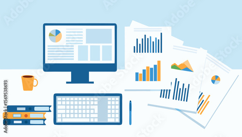 Illustration of a desk with computer, keyboard, documents, coffee, books and pen on a light blue background