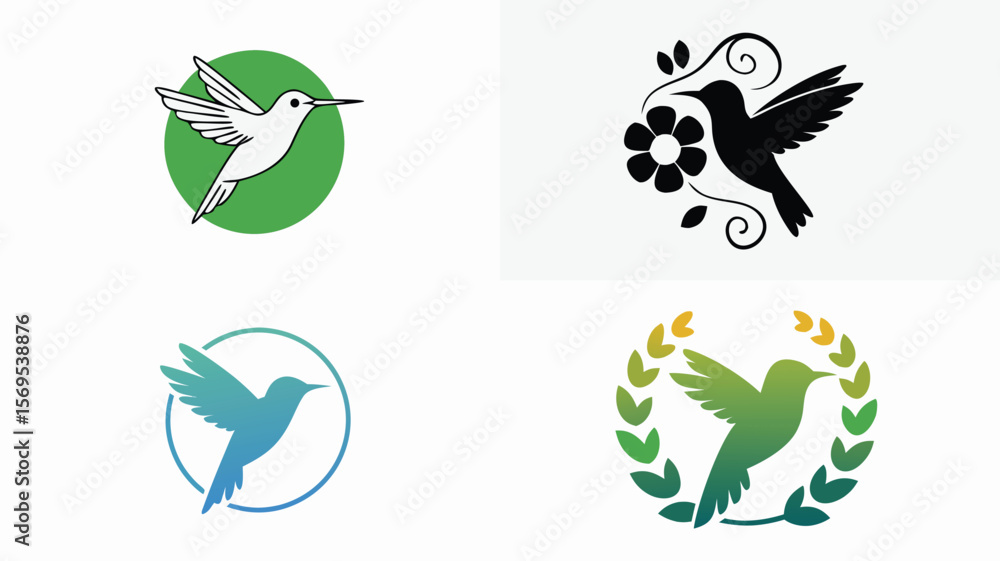 Fototapeta premium Four Stylized Hummingbird Logos Black Silhouette, White Outline, Gradient Blue, and Green Wreath Designs