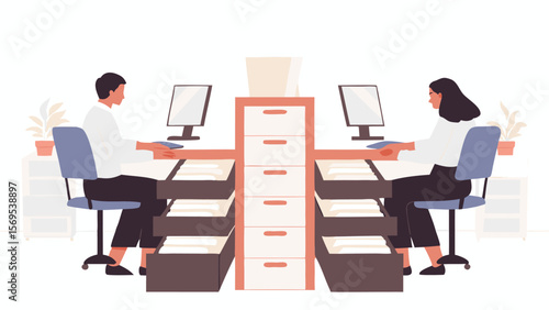 Illustration of two people working at desks with computers and a central filing cabinet setup