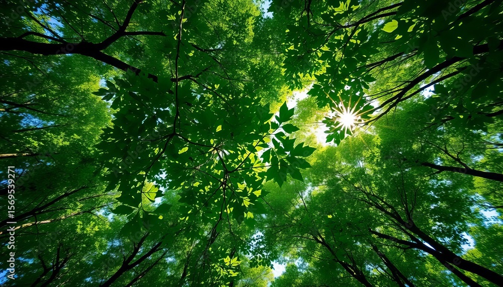 Fototapeta premium Drone view of vibrant green forest canopy, sunlight dappling through leaves, forest, wildlife